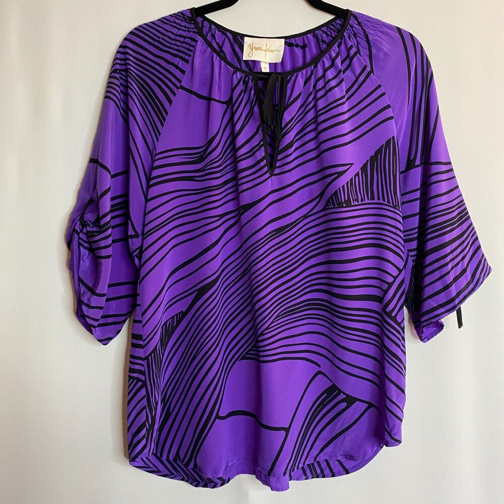 Anthropology Yumi Kim Silk Blouse Purple Black Print Tie Sleeve Womens S